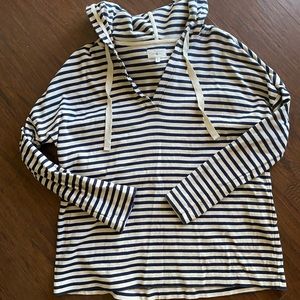 Blue and white striped pull over.